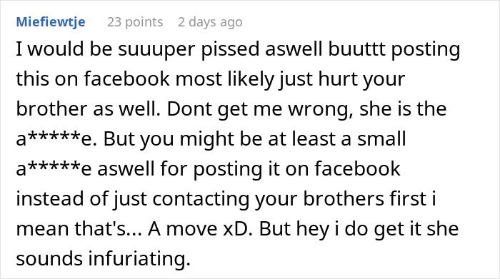 Screenshot of a Reddit comment discussing frustrations about posting SIL's texts online and making her look bad on Facebook.