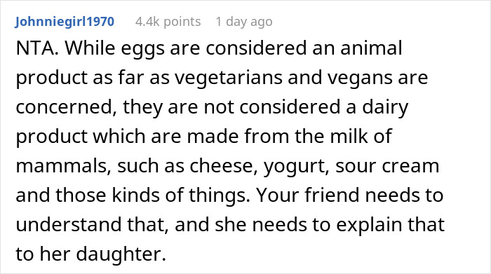 Comment explaining that eggs are animal products but not dairy products, clarifying common confusion about eggs and dairy.