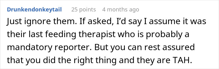 Screenshot of a Reddit comment discussing a couple becoming the bad guys after reporting parents to CPS for starving their child.