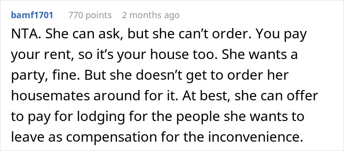 Comment discussing student asked to leave house during roommate&rsquo;s party and questions guest comfort justification.