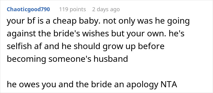 Screenshot of a Reddit comment discussing stopping a boyfriend&rsquo;s proposal at a best friend&rsquo;s wedding, highlighting relationship issues.