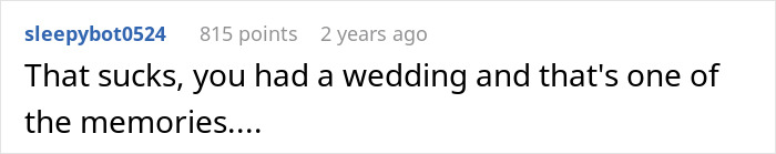 Comment discussing a wedding memory with reference to jealousy and past relationships at the event.