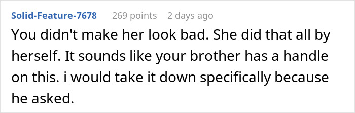 Reddit comment discussing if posting screenshots of SIL's texts online was making her look bad in a family dispute.
