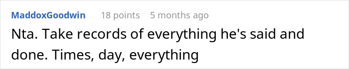 Screenshot of an online comment advising to document everything in a dispute involving post-partum custody and divorce. Screenshot of an online comment advising to document everything in a dispute involving post-partum custody and divorce.