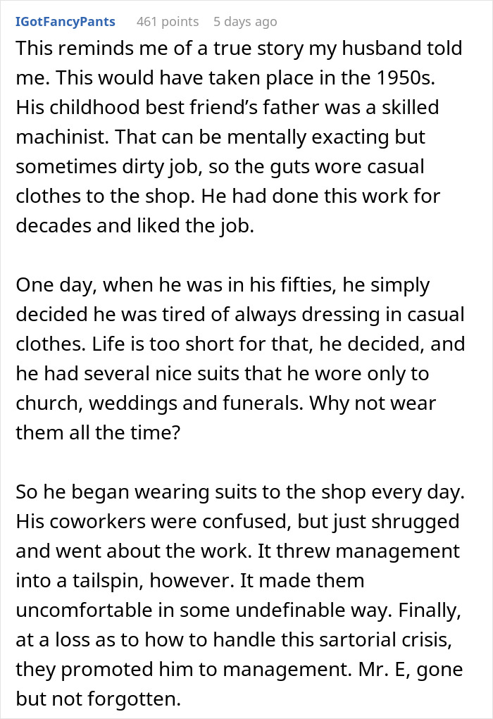 Employee wearing full suit at work to defy boss, causing management disruption and resulting in a surprising demotion.