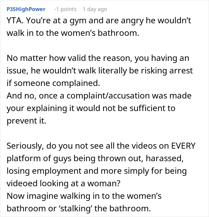 Comment text discussing refusal to hand period pad and tissues, and consequences of entering women’s bathroom at gym. Comment text discussing refusal to hand period pad and tissues, and consequences of entering women’s bathroom at gym.