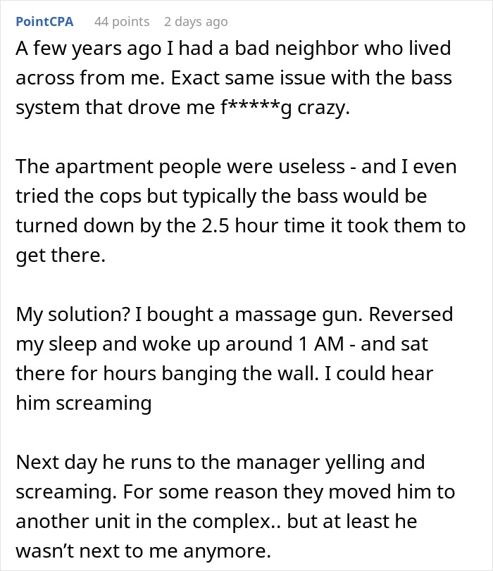 Clever woman uses a massage gun to confuse loud downstairs neighbor and restore peace in apartment block. Clever woman uses a massage gun to confuse loud downstairs neighbor and restore peace in apartment block.