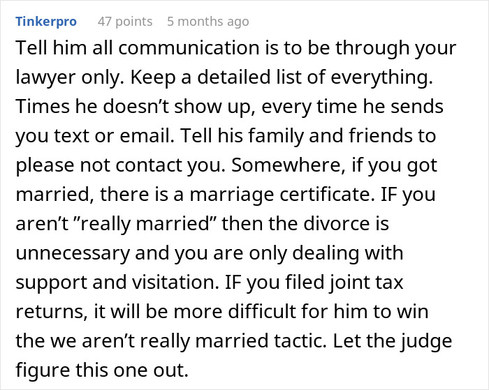 Comment advising to communicate through a lawyer and keep detailed records in a post-partum divorce custody dispute. Comment advising to communicate through a lawyer and keep detailed records in a post-partum divorce custody dispute.