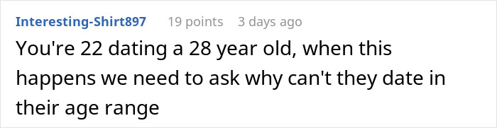 Comment from user Interesting-Shirt897 discussing age differences in dating related to toothbrush suspicion story.