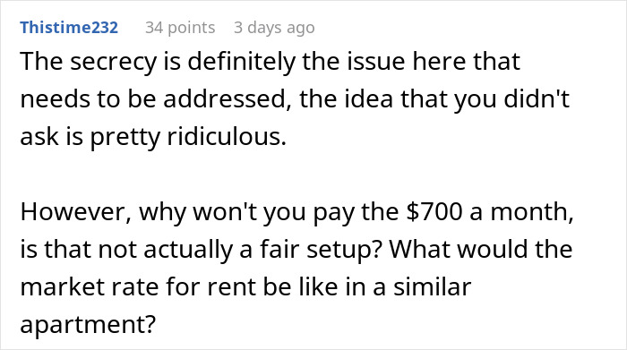 Comment discussing issues of secrecy and fairness in paying rent unknowingly to husband and his mom for two years.