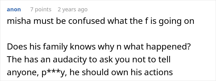 Comment discussing confusion and family reactions related to a husband getting jealous over a girl he led on for years.