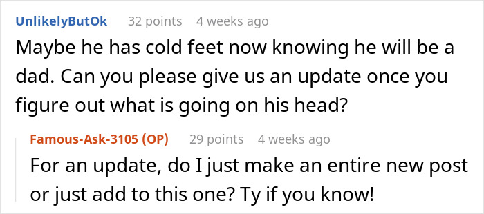 Screenshot of a text conversation discussing a man’s reaction to a woman surprising him with a pregnancy test. Screenshot of a text conversation discussing a man’s reaction to a woman surprising him with a pregnancy test.