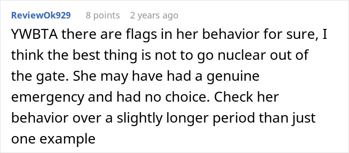 Comment discussing flags in woman's behavior, suggesting to assess her actions over a longer period before judgment.