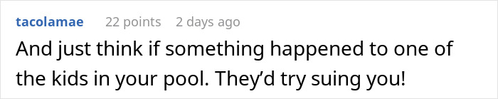 Screenshot of an online comment discussing neighbors sending their relatives to use a pool without consent.