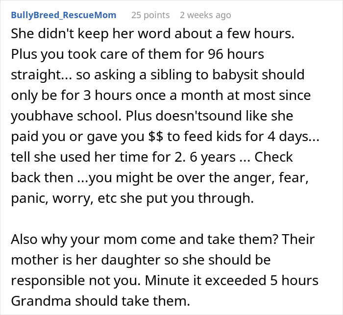 Text post discussing sister leaving 18-year-old with two kids for four days, calling it no big deal.