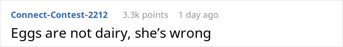 Screenshot of a Reddit comment stating Eggs are not dairy, highlighting confusion about eggs and dairy-free cake ingredients.