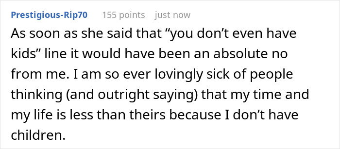 Screenshot of a Reddit comment expressing frustration about a neighbor demanding babysitting due to perceived lack of real responsibilities.