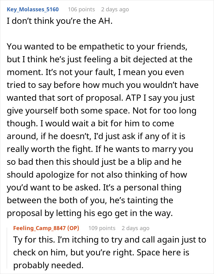 Reddit comments discussing stopping a boyfriend&rsquo;s proposal at a best friend&rsquo;s wedding and relationship advice.