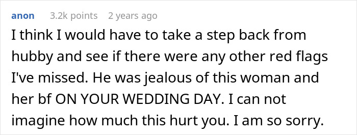 Comment discussing jealousy involving a husband and a girl he led on at a wedding, expressing sympathy and concern.