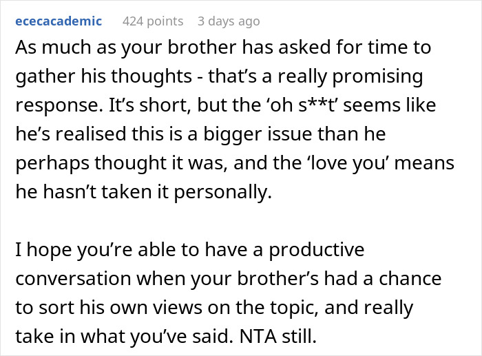 Screenshot of a Reddit comment discussing family dynamics and boundaries related to treating brother's girlfriend's kids.