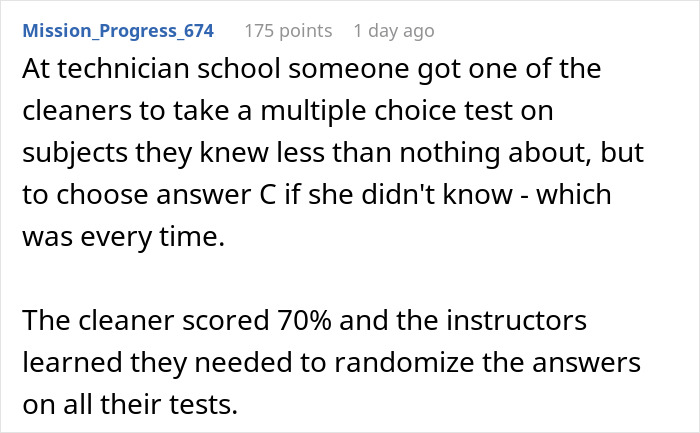 Screenshot of a text story about a teacher catching cheaters by handing out multiple quiz versions to randomize answers.