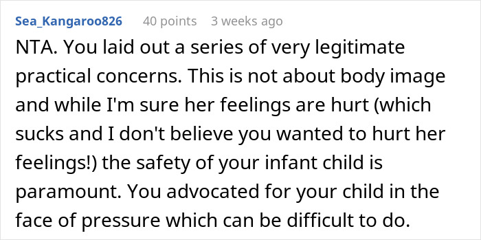 Comment discussing concerns about an obese mom babysitting a newborn and issues around fat shaming.