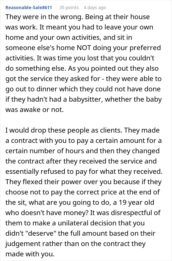 Comment discussing a babysitter's experience with a family refusing to pay the full amount after the baby falls asleep.