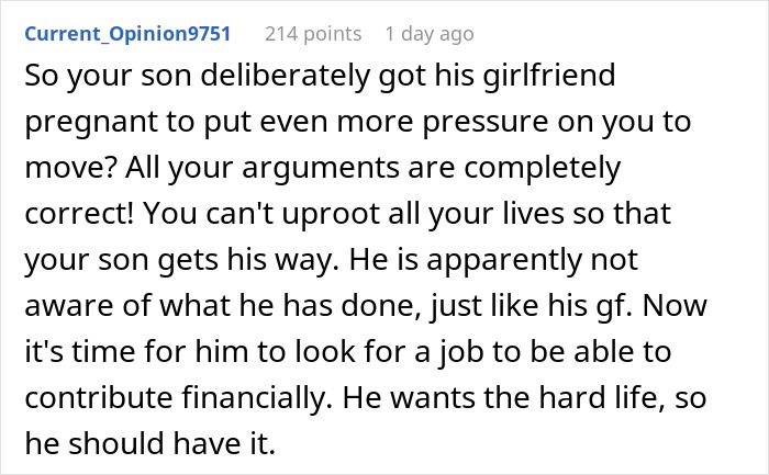 Comment explaining a teen son got his girlfriend pregnant on purpose to pressure his family and face consequences.