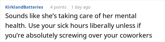 Comment about someone taking care of mental health while calling in sick, related to bottomless mimosa brunch topic.