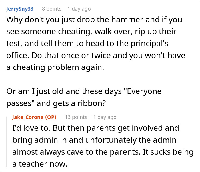 Online forum comments discussing teacher challenges and cheating prevention methods related to teacher catches cheaters quiz versions.