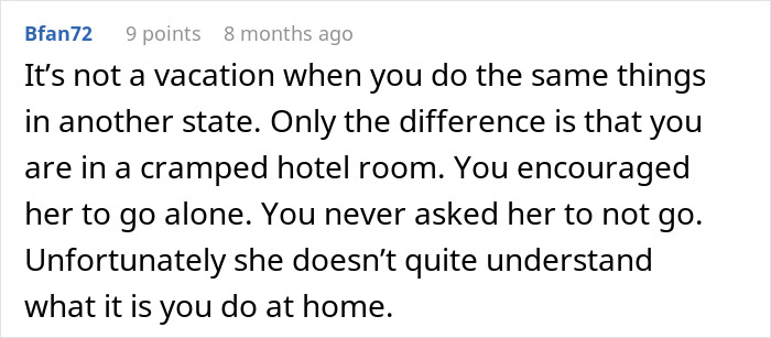 Screenshot of an online comment discussing a dad wondering if he&rsquo;s a jerk for not joining his wife&rsquo;s work trip with the kids.