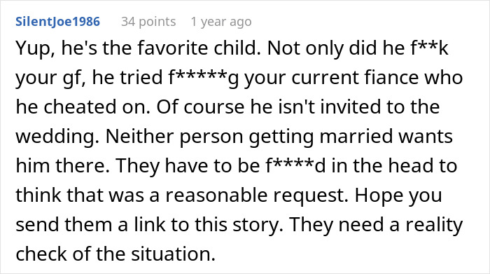 Comment discussing parents uninvited from brother&rsquo;s wedding after demanding invitation for homewrecker brother.
