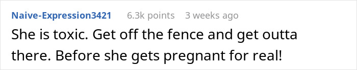 Comment warning about toxic behavior and fake pregnancy test in relationship as a sign to end it soon. Comment warning about toxic behavior and fake pregnancy test in relationship as a sign to end it soon.