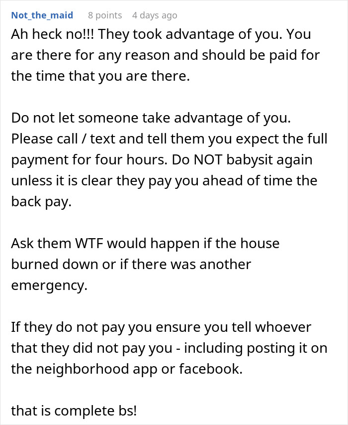 Comment advising babysitter to demand full payment and not let family take advantage when baby falls asleep.