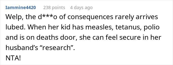 Screenshot of a social media comment discussing consequences faced by a pregnant anti-vaxxer as friend ends future playdates.
