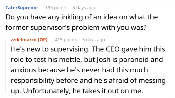 Reddit conversation showing employee discussing boss&rsquo;s anxiety and role, highlighting employee showing up in full suit at office.