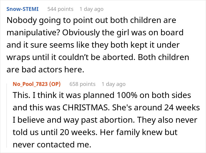 Forum discussion about a teen son who got his girlfriend pregnant on purpose and the plans behind the pregnancy.
