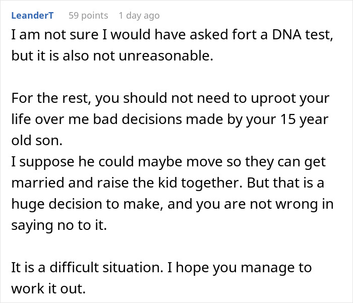Comment discussing challenges of a teen son getting girlfriend pregnant on purpose and parenting decisions.