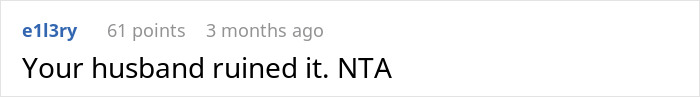 Screenshot of a Reddit comment stating "Your husband ruined it. NTA" related to a marriage and gaslighting issue.
