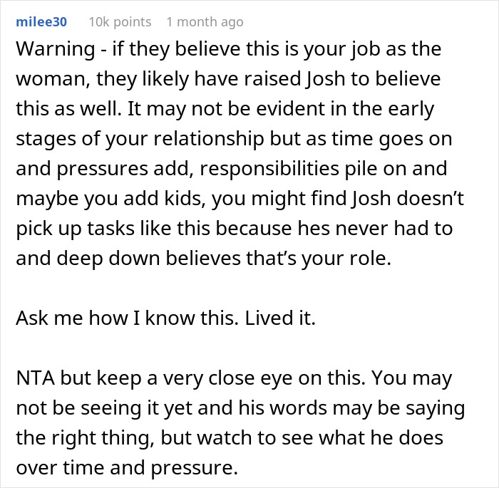 Comment discussing helicopter parents treating 29YO son&rsquo;s girlfriend like a nanny and the impact on relationship roles.
