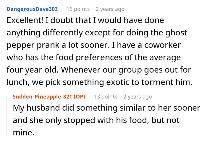 Screenshot of a Reddit conversation discussing revenge on a roommate stealing food and related pranks involving food preferences.