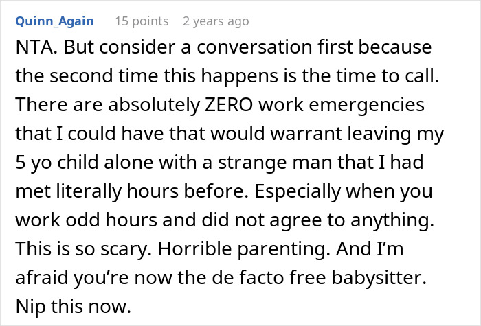 Screenshot of an online comment discussing concerns about a woman leaving her child with a stranger roommate due to a work emergency.