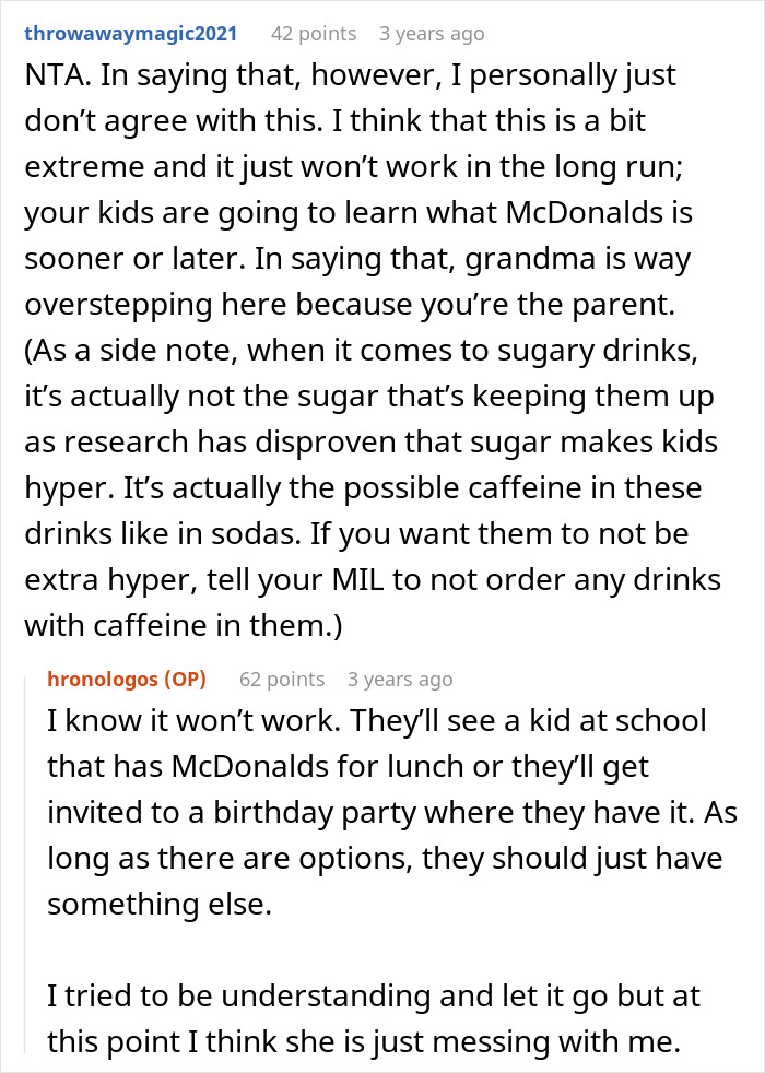 Reddit discussion about mom refusing to leave kids with MIL who keeps feeding them fast food like McDonalds.