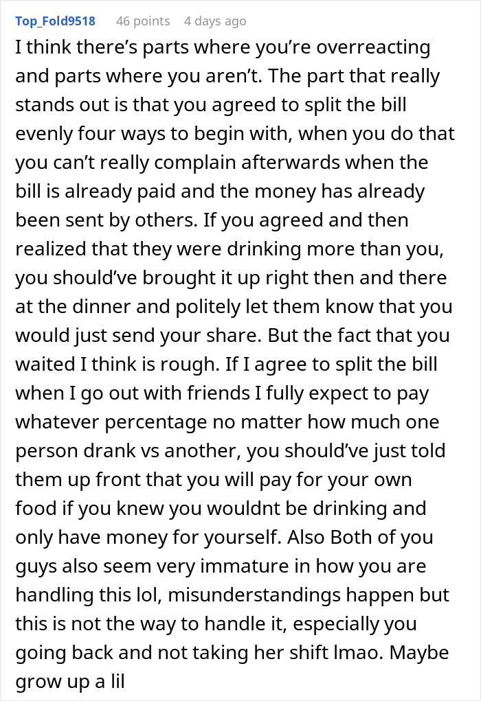 Screenshot of a detailed Reddit comment discussing coworkers agreeing to split the bill and one backing out after dining.
