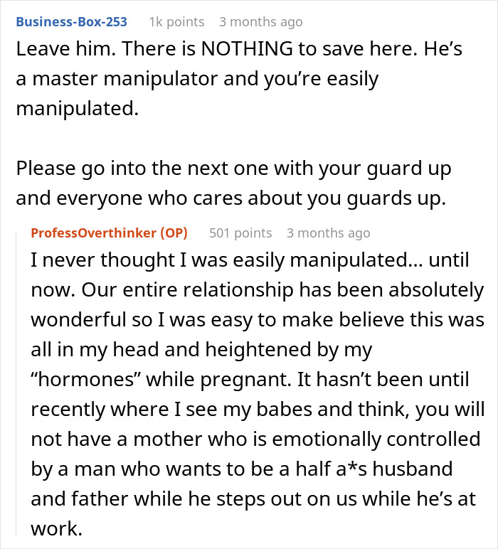 Alt text: Online discussion about a man gaslighting his pregnant wife, leading to regret and the failure of their marriage.
