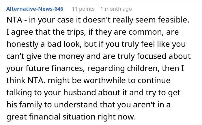 Comment about wife refusing to support husband's mom after job loss, discussing family views on selfishness and finances.