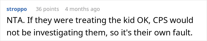 Screenshot of a forum comment discussing CPS investigation after a couple reports parents for starving their child.