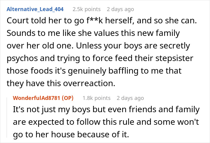 Screenshot of a Reddit discussion about a dad refusing to change kids&rsquo; diet for their mom&rsquo;s new husband.