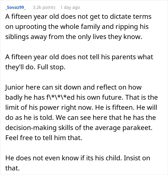 Comment discussing the consequences and decision-making of a teen son who got girlfriend pregnant on purpose.