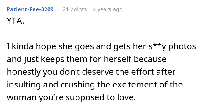 Comment expressing disappointment at a guy refusing a spicy photoshoot due to wife’s extra pounds after pregnancy. Comment expressing disappointment at a guy refusing a spicy photoshoot due to wife’s extra pounds after pregnancy.